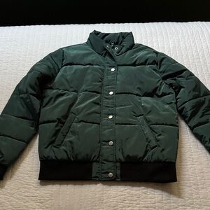 Forever 21 Women’s Green Puffer Jacket with Black Trim